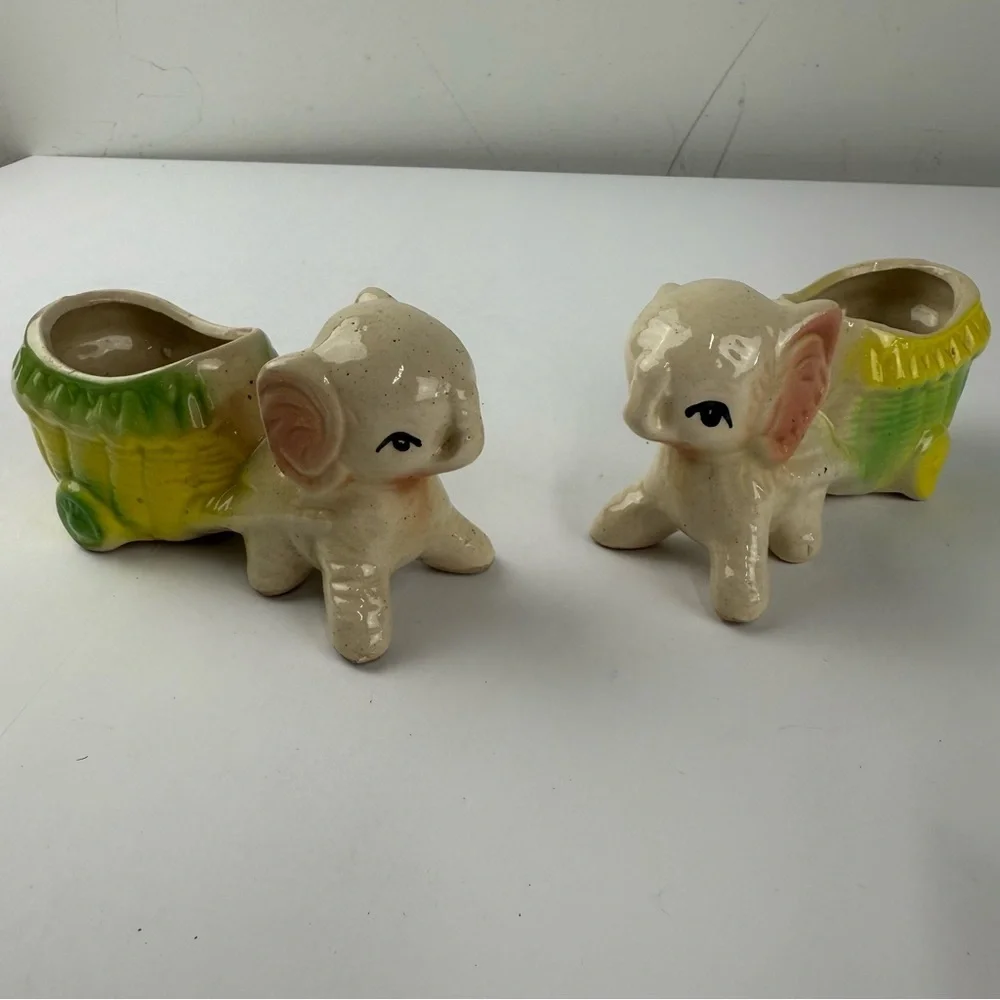 Vintage SET OF 2 Elephant Pulling Cart Planters Kitschy Decor Retro